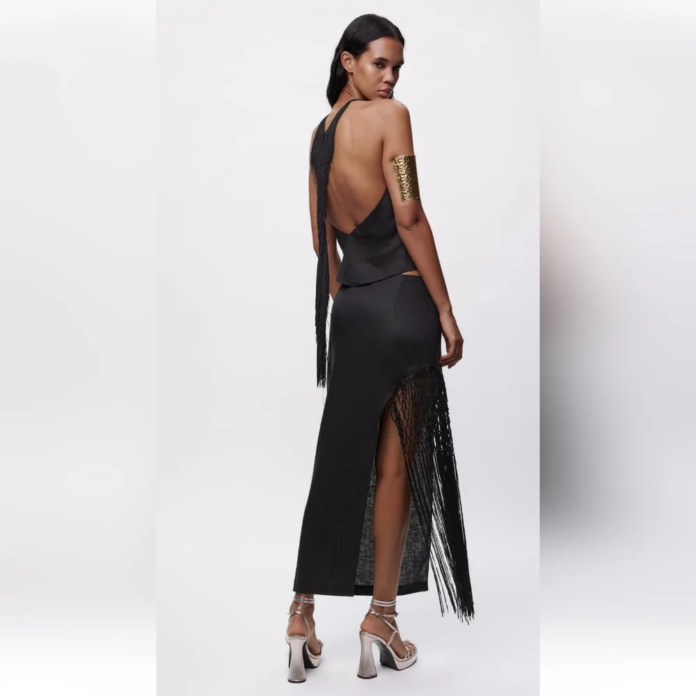 Zara * Fringed Linen Midi Skirt Black Size XS and S